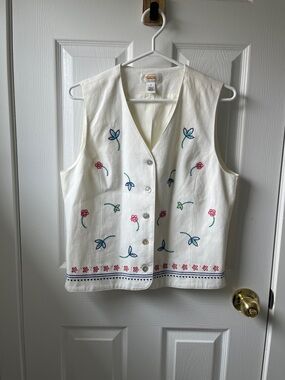 Talbots White Embroidered Linen Vest Grandma Core Cottage Core